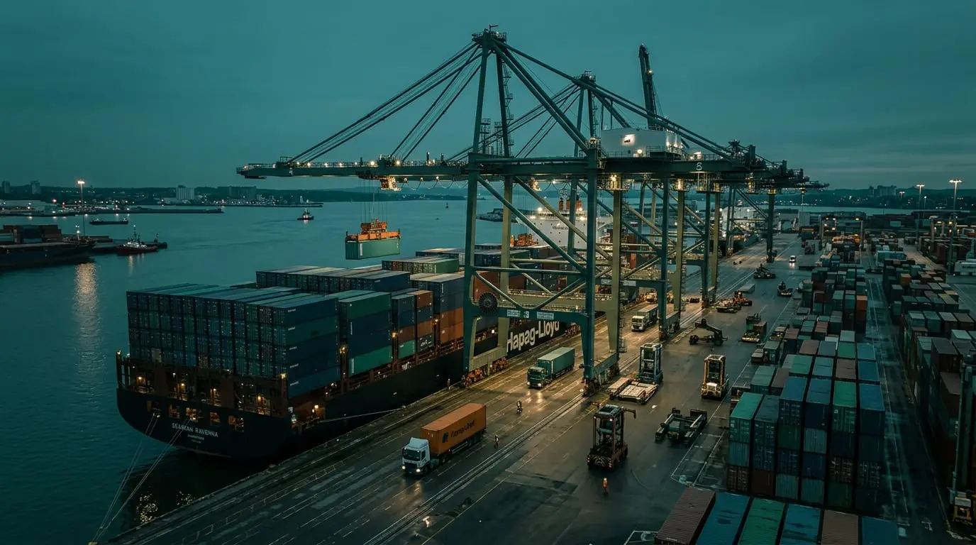 Container ship and gantry cranes at a sea port at dusk