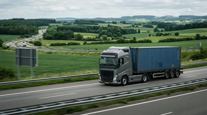 Container truck on a highway through green countryside