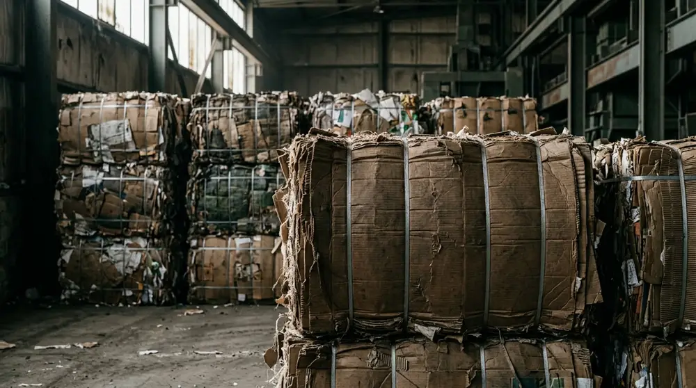 Compressed bales of old corrugated containers stacked in a warehouse