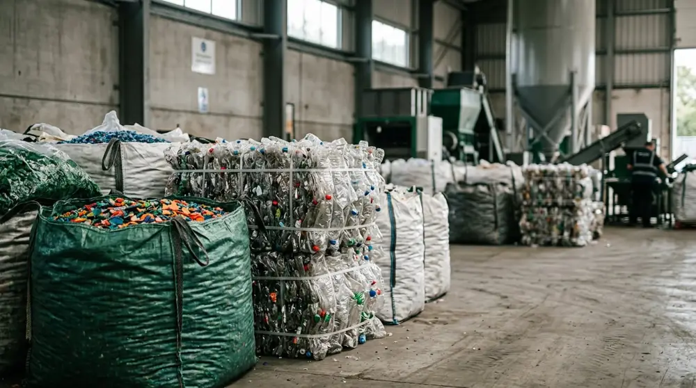 Bales of PET bottles and big bags of mixed plastic flakes