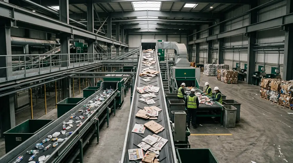 Conveyor lines sorting recyclable paper and plastic inside a material recovery facility
