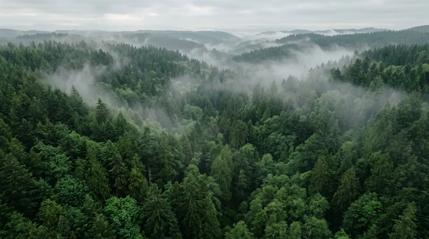 Misty green forest canopy from above